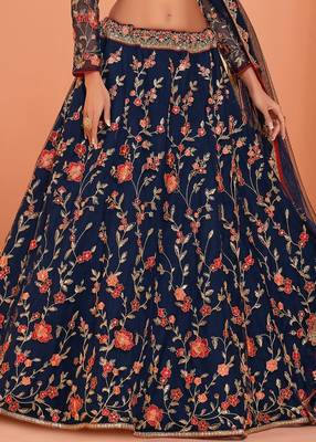 Blue embroidered net semi stitched lehenga 3