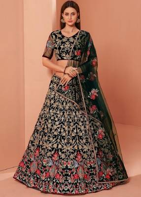 Dark-green embroidered net semi stitched lehenga 1