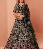 Dark-green embroidered net semi stitched lehenga