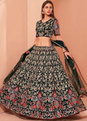 Dark-green embroidered net semi stitched lehenga 2