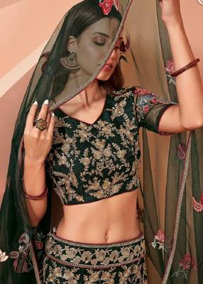 Dark-green embroidered net semi stitched lehenga 3