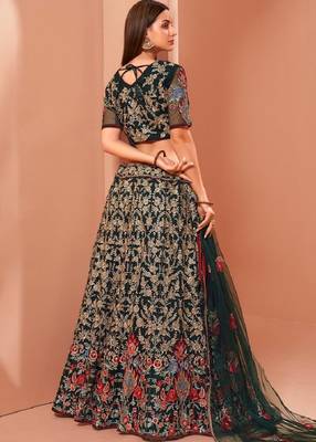 Dark-green embroidered net semi stitched lehenga 4