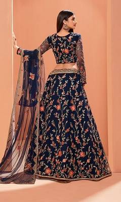Blue embroidered net semi stitched lehenga 4