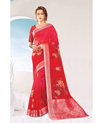 Sangam Prints Mustard Organza Printed Traditional Saree 1