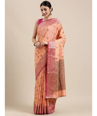 Sangam Prints Peach Cotton Handloom Woven Work Traditional Saree 1