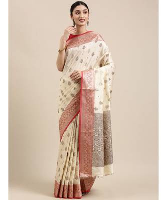 Sangam Prints Off White Cotton Handloom Woven Work Traditional Saree 1
