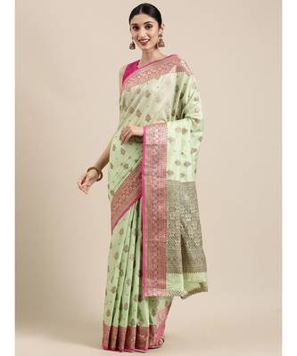 Sangam Prints Light Green Cotton Handloom Woven Work Traditional Saree 1