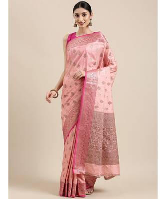 Sangam Prints Pink Cotton Handloom Woven Work Traditional Saree 1