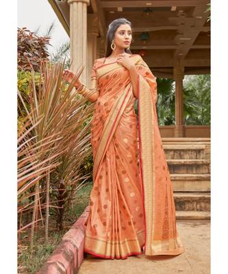 Sangam Prints Peach Cotton Handloom Woven Work Traditional Saree 1