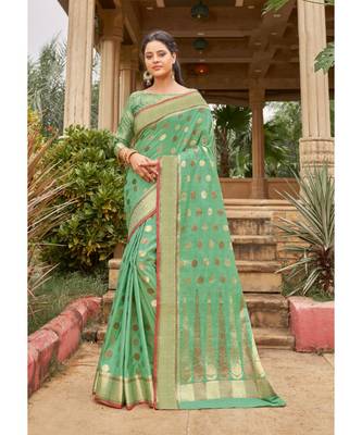 Sangam Prints Light Green Cotton Handloom Woven Work Traditional Saree 1