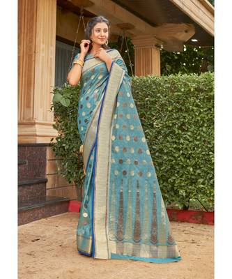 Sangam Prints Sky Blue Cotton Handloom Woven Work Traditional Saree 1