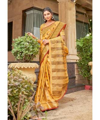 Sangam Prints Yellow Cotton Handloom Woven Work Traditional Saree 1