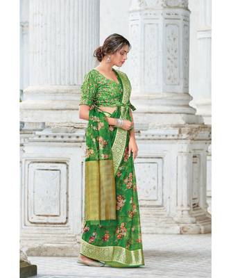 Sangam Prints Green Organza Digital Print Traditional Saree 1