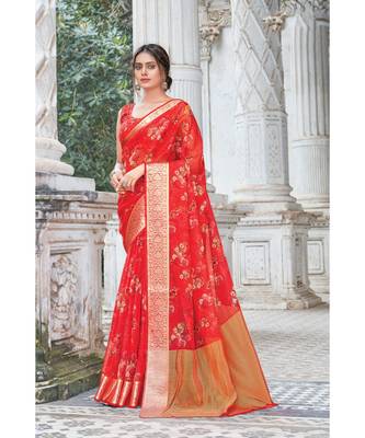 Sangam Prints Red Organza Digital Print Traditional Saree 1