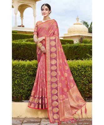 Sangam Prints Pink Organza Woven Work Traditional Tassle Saree 1