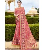Sangam Prints Pink Organza Woven Work Traditional Tassle Saree