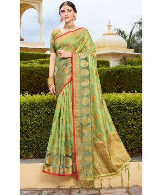 Sangam Prints Light Green Organza Woven Work Traditional Tassle Saree 1