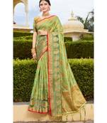 Sangam Prints Light Green Organza Woven Work Traditional Tassle Saree