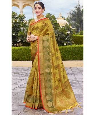 Sangam Prints Mhendi Organza Woven Work Traditional Tassle Saree 1