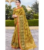 Sangam Prints Mhendi Organza Woven Work Traditional Tassle Saree