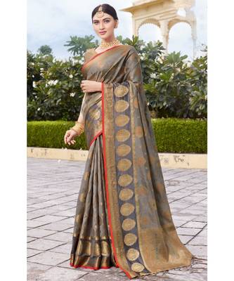 Sangam Prints Grey Organza Woven Work Traditional Tassle Saree 1