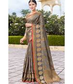 Sangam Prints Grey Organza Woven Work Traditional Tassle Saree