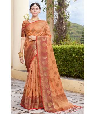 Sangam Prints Peach Organza Woven Work Traditional Tassle Saree 1