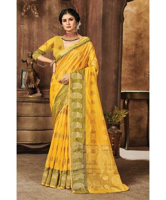 Sangam Prints Yellow Organza Woven Work Traditional Saree 1