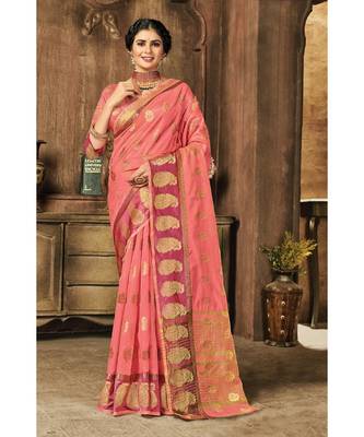 Sangam Prints Peach Organza Woven Work Traditional Saree 1