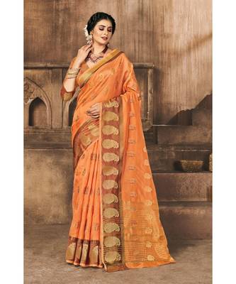 Sangam Prints Orange Organza Woven Work Traditional Saree 1