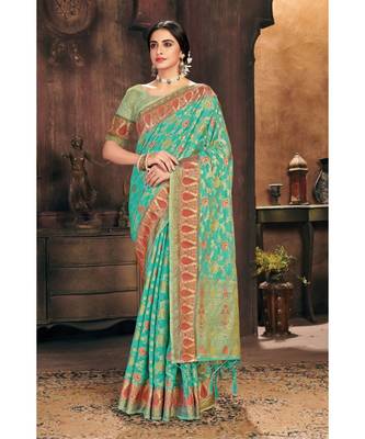 Sangam Prints Sea Green Organza Woven Work Traditional Tassle Saree 1
