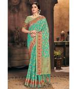 Sangam Prints Sea Green Organza Woven Work Traditional Tassle Saree