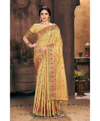Sangam Prints Cream Organza Woven Work Traditional Tassle Saree 1