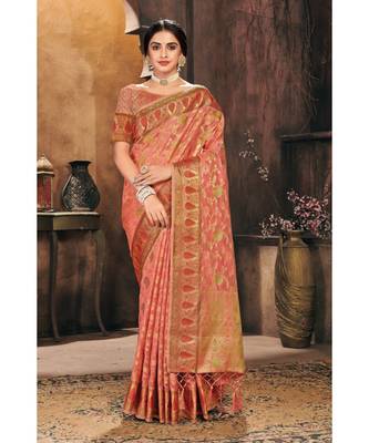 Sangam Prints Peach Organza Woven Work Traditional Tassle Saree 1