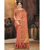 Sangam Prints Peach Organza Woven Work Traditional Tassle Saree