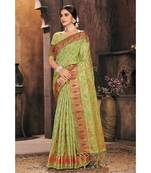 Sangam Prints Light Green Organza Woven Work Traditional Tassle Saree
