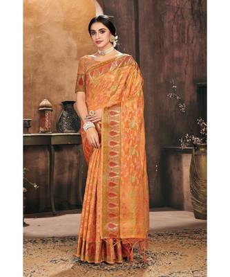 Sangam Prints Orange Organza Woven Work Traditional Tassle Saree 1