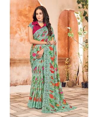 Sangam Prints Sea Green Georgette Printed Traditional Saree 1