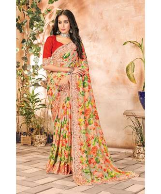 Sangam Prints Peach Georgette Printed Traditional Saree 1