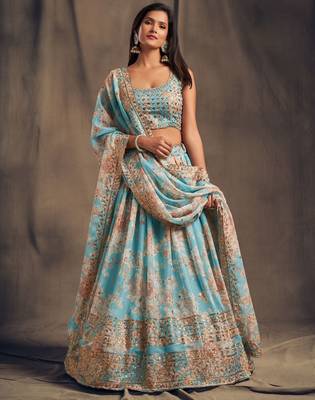 Sky-blue embroidered organza semi stitched lehenga 1
