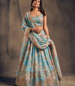 Sky-blue embroidered organza semi stitched lehenga