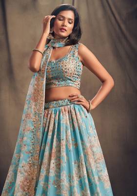 Sky-blue embroidered organza semi stitched lehenga 2