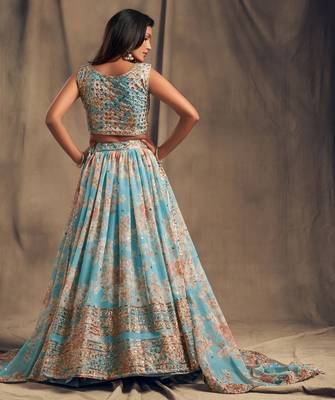 Sky-blue embroidered organza semi stitched lehenga 4