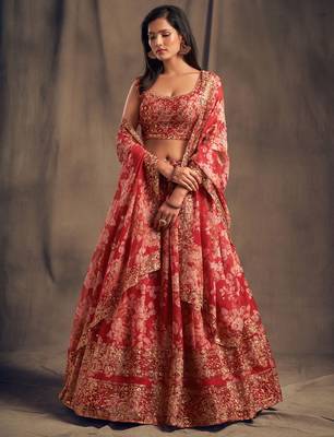 Red embroidered organza semi stitched lehenga 1