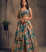 Teal embroidered organza semi stitched lehenga