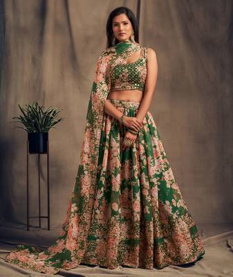 Green embroidered organza semi stitched lehenga 1