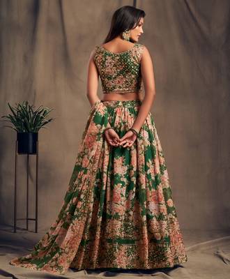 Green embroidered organza semi stitched lehenga 4