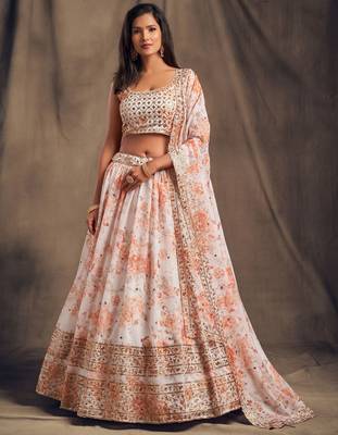 White embroidered organza semi stitched lehenga 1