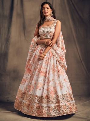 White embroidered organza semi stitched lehenga 2