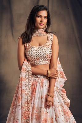White embroidered organza semi stitched lehenga 3
